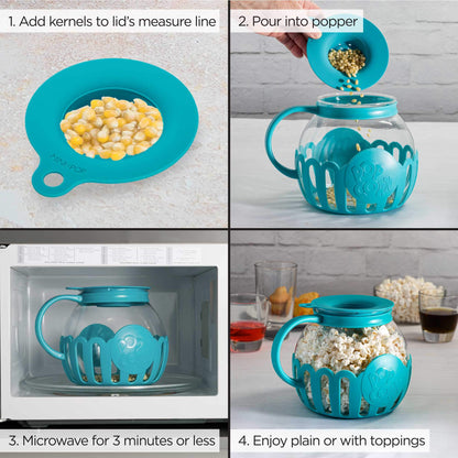 Ecolution Patented Micro-Pop Microwave Popcorn Popper with Temperature Safe Glass, 3-in-1 Lid Measures Kernels and Melts Butter, Made Without BPA, Dishwasher Safe, 3-Quart, Aqua