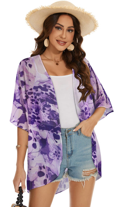 Womens Kimono Beach Cover Up Chiffon Cardigan Floral Tops Loose Capes