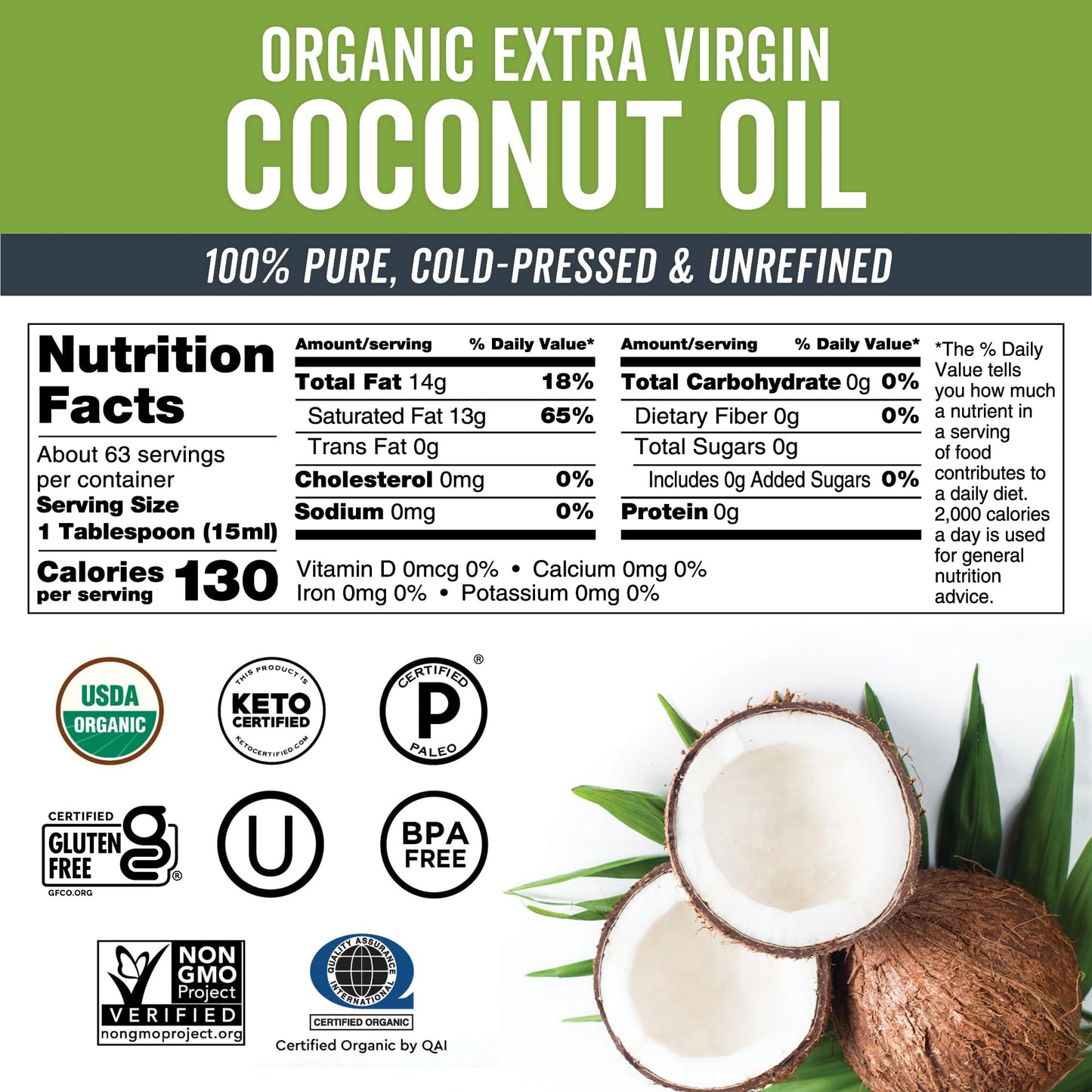 Viva Naturals Organic Coconut Oil - Unrefined, Cold-Pressed Extra Virgin Coconut Oil, USDA Organic and Non-GMO Cooking Oil, Great as Hair Oil and Skin Oil, 16 fl oz