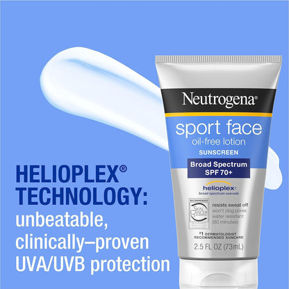 Neutrogena Sport Face Sunscreen, Broad Spectrum Sunblock SPF 70+, Water Resistant Sunscreen For Face, Sweat Resistant Oil Free Sunscreen Lotion, 2.5 FL OZ