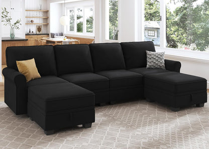 HONBAY Sectional Sofa with Storage Seat Velvet U Shaped Sectional Couch with Reversible Chaise Convertible Sectional Couches for Living Room,Black Velvet