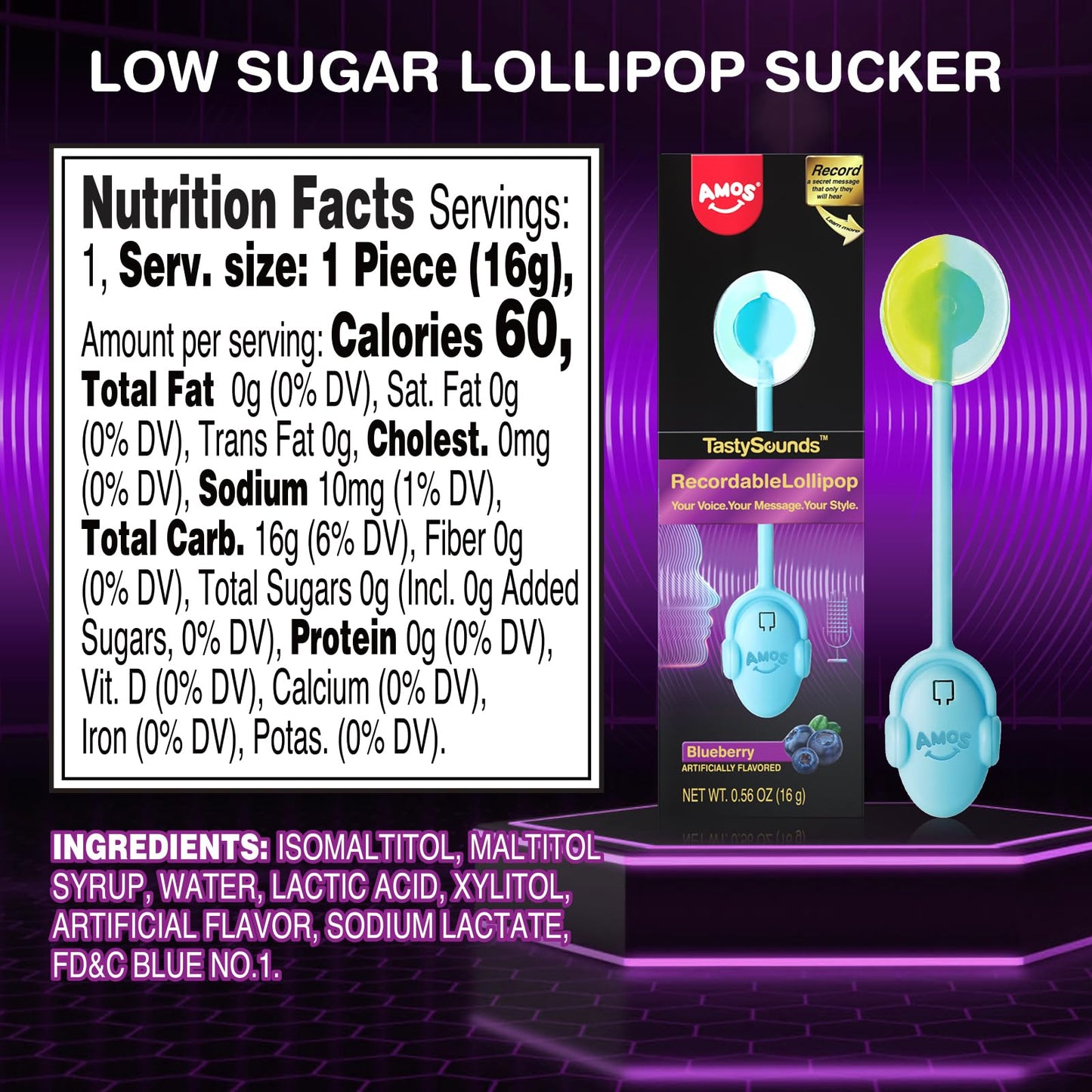 Music Lollipop Suckers,AMOS Audio Lollipop Sugar Free, Singing Lollipop Individually Wrapped, Novelty Gift for Mothers Day (Blueberry, Pack of 1)