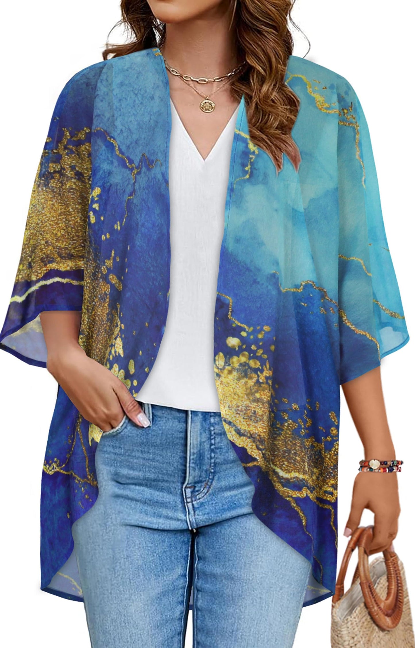 Women's Floral Print Puff Sleeve Kimono Cardigan Loose Cover Up Casual Blouse Tops