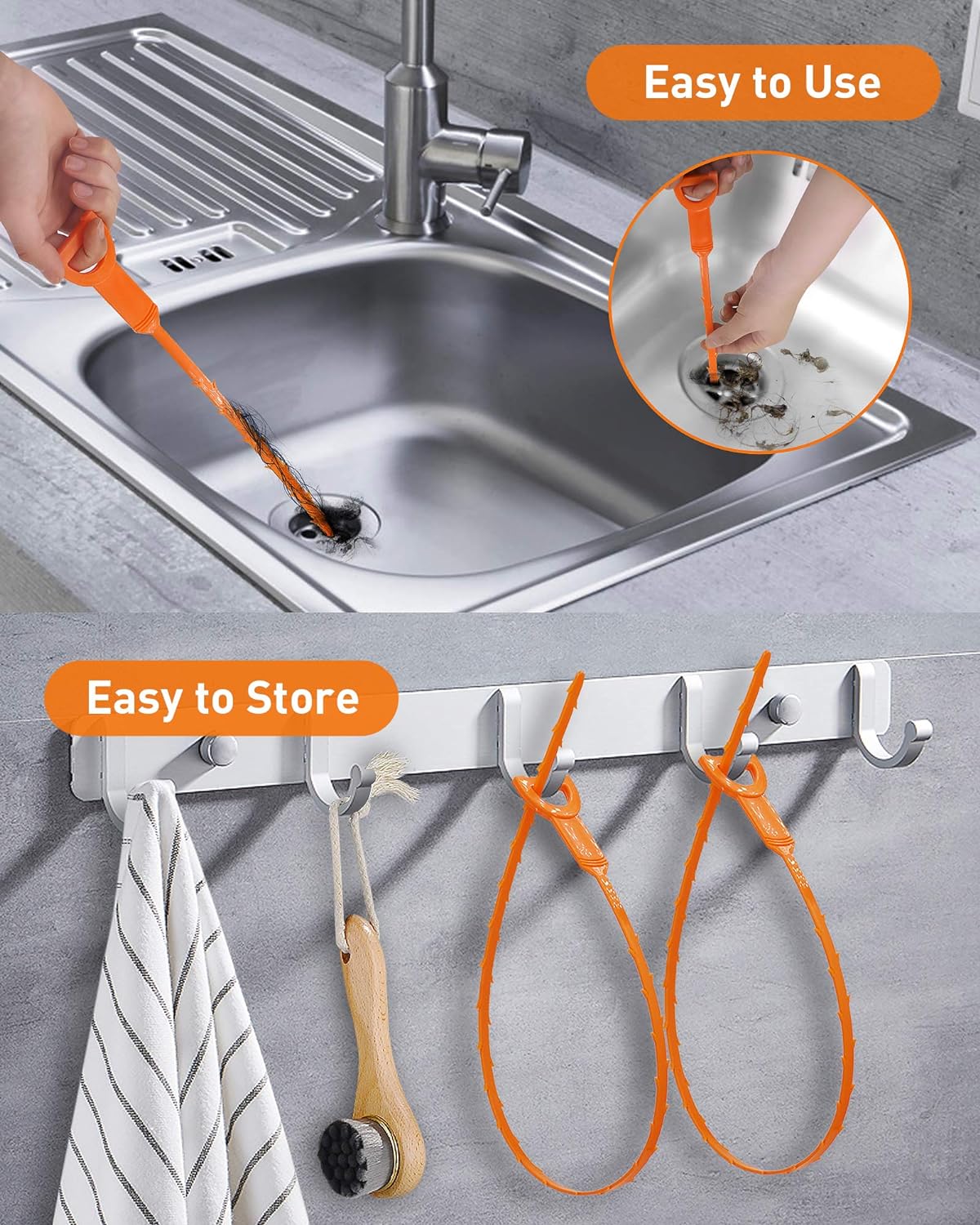 6 Pack 25 Inch Drain Clog Remover Tool, Drain Hari Cleaner Tool, Hair Cather Shower Drain Tool, Drain Auger Hair Cleaning Tool for Shower Kitchen Sink Bath Tub Bathroom, Sink Snake Hair Remover