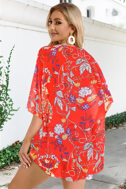 Women's Floral Print Puff Sleeve Kimono Cardigan Loose Cover Up Casual Blouse Tops