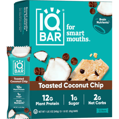 IQBAR Brain and Body Plant Protein Bars - Almond Butter Chip - 12 Count, Low Carb, High Fiber, Gluten Free, Vegan Snacks - Low Sugar Keto Energy Bars