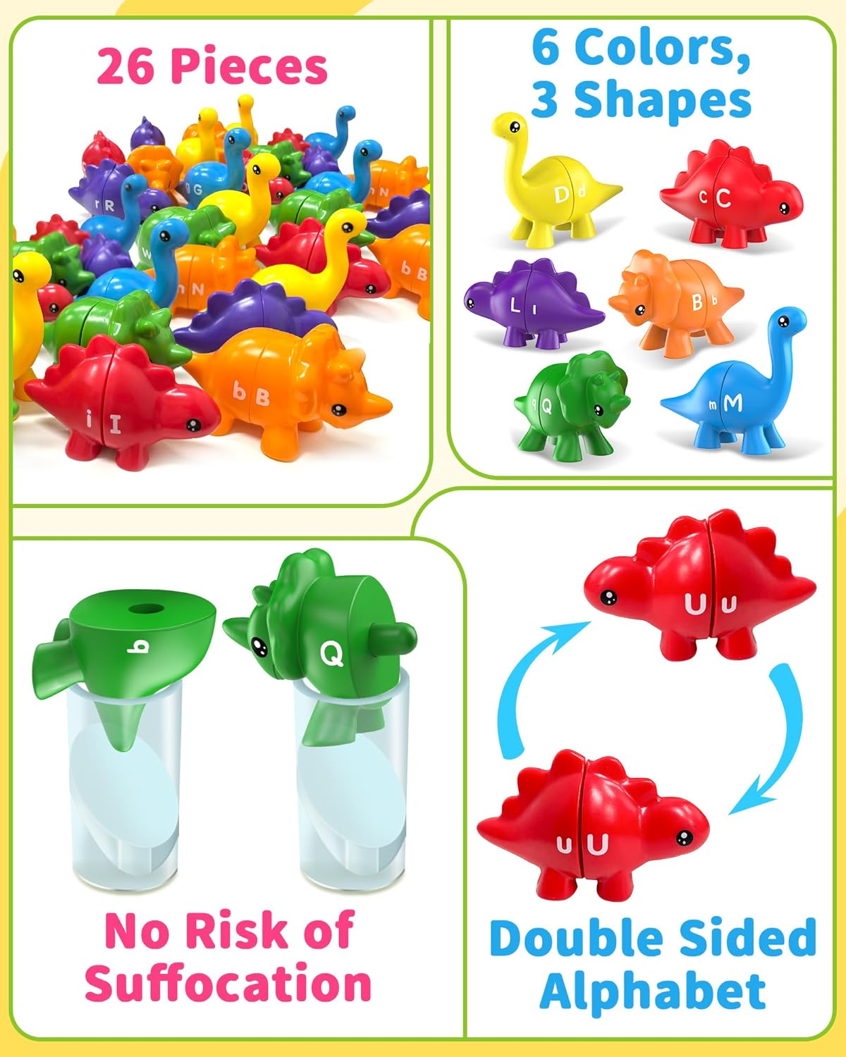 26PCS Dinosaur Alphabet Learning Toys for Toddlers 2-4, Montessori Educational Toys Gifts for 2 3 4 Year Old Boys Girls, Double Sided ABC Dinosaur Matching Game, Preschool Fine Motor Toys for Kids 3-5