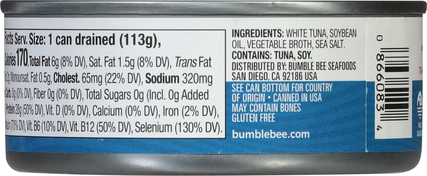 Bumble Bee Solid White Albacore Tuna in Water, 5 oz Can (Pack of 8) - Wild Caught Tuna - 29g Protein per Serving, High in Omega-3s - Non-GMO Project Verified, Gluten Free, Kosher