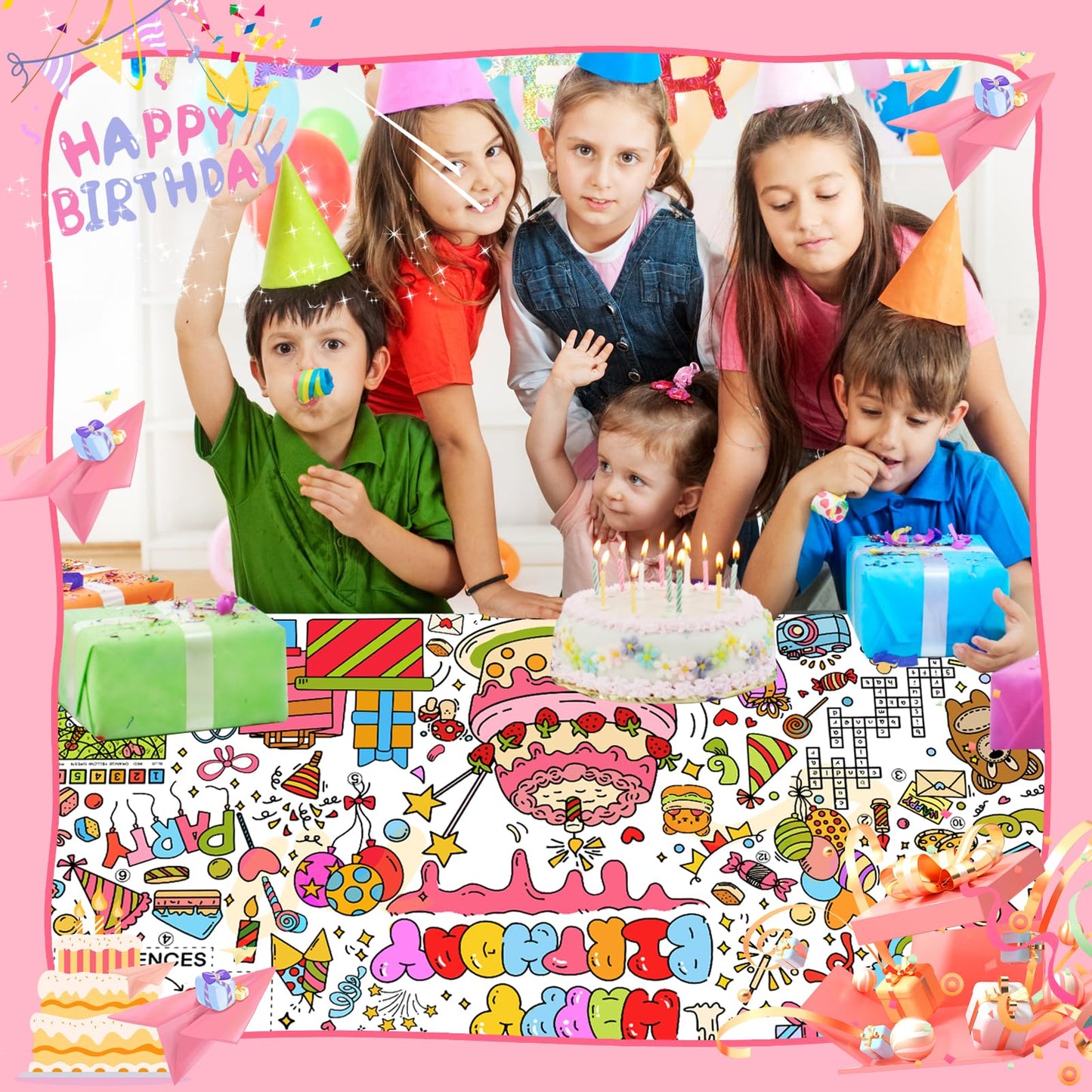 PADTIC Giant Coloring Poster,30x72Inch Happy Birthday Drawing Paper Coloring Tablecloth,DIY Birthday Activity Poster Table Cover,Kids Art Crafts Coloring Mat,Home Classroom Birthday Party Suppiles