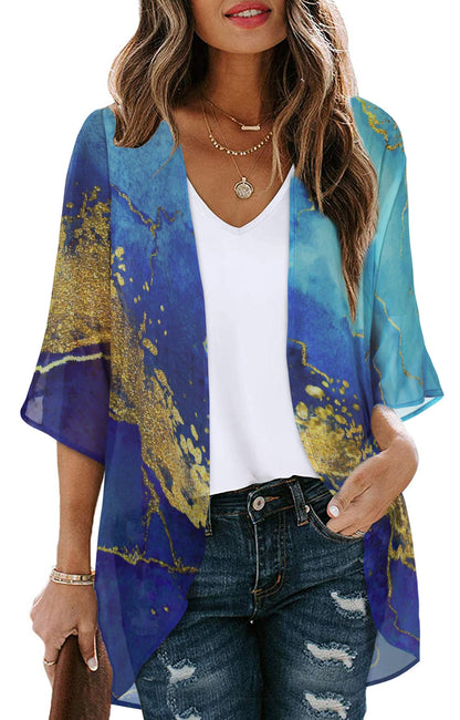 Women's Floral Print Puff Sleeve Kimono Cardigan Loose Cover Up Casual Blouse Tops