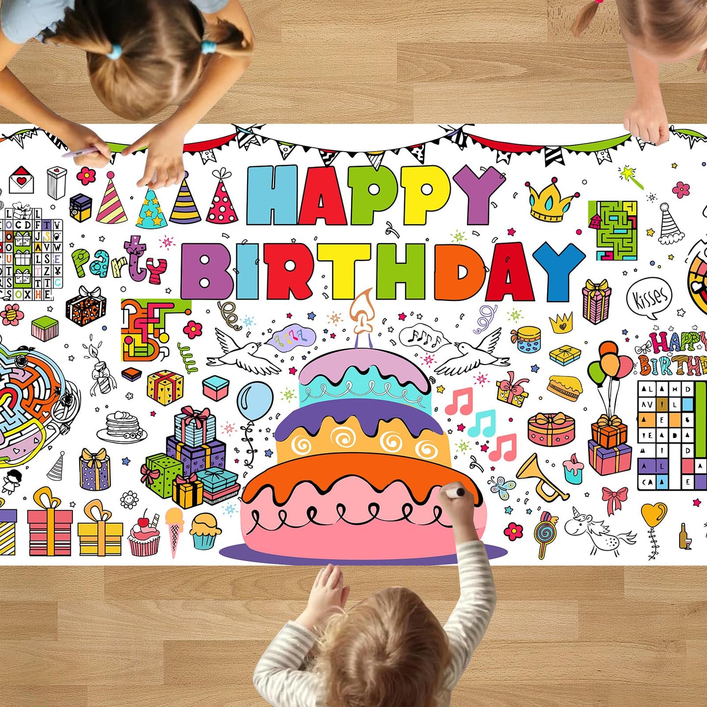 PADTIC Giant Coloring Poster,30x72Inch Happy Birthday Drawing Paper Coloring Tablecloth,DIY Birthday Activity Poster Table Cover,Kids Art Crafts Coloring Mat,Home Classroom Birthday Party Suppiles