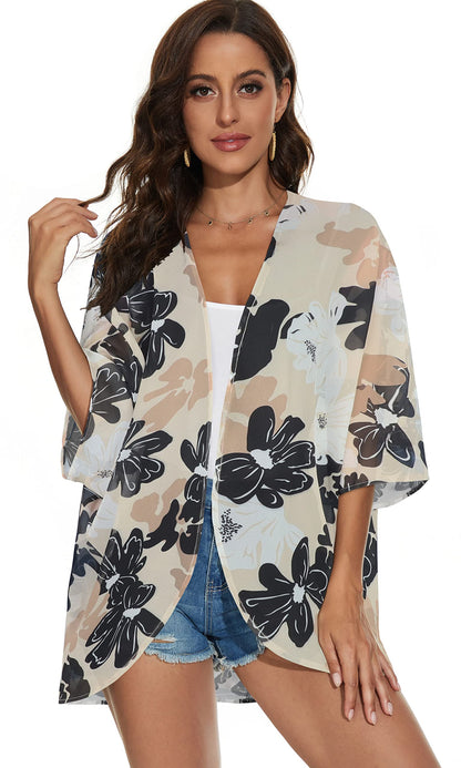 Women's Floral Print Puff Sleeve Kimono Cardigan Loose Cover Up Casual Blouse Tops