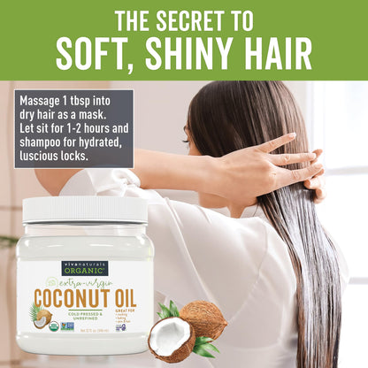 Viva Naturals Organic Coconut Oil - Unrefined, Cold-Pressed Extra Virgin Coconut Oil, USDA Organic and Non-GMO Cooking Oil, Great as Hair Oil and Skin Oil, 16 fl oz