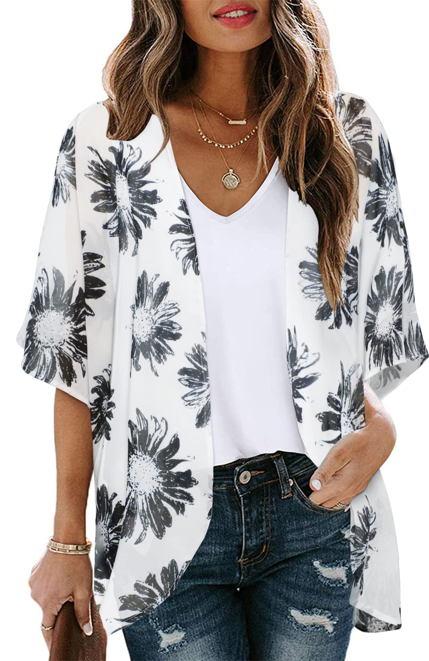 Women's Floral Print Puff Sleeve Kimono Cardigan Loose Cover Up Casual Blouse Tops