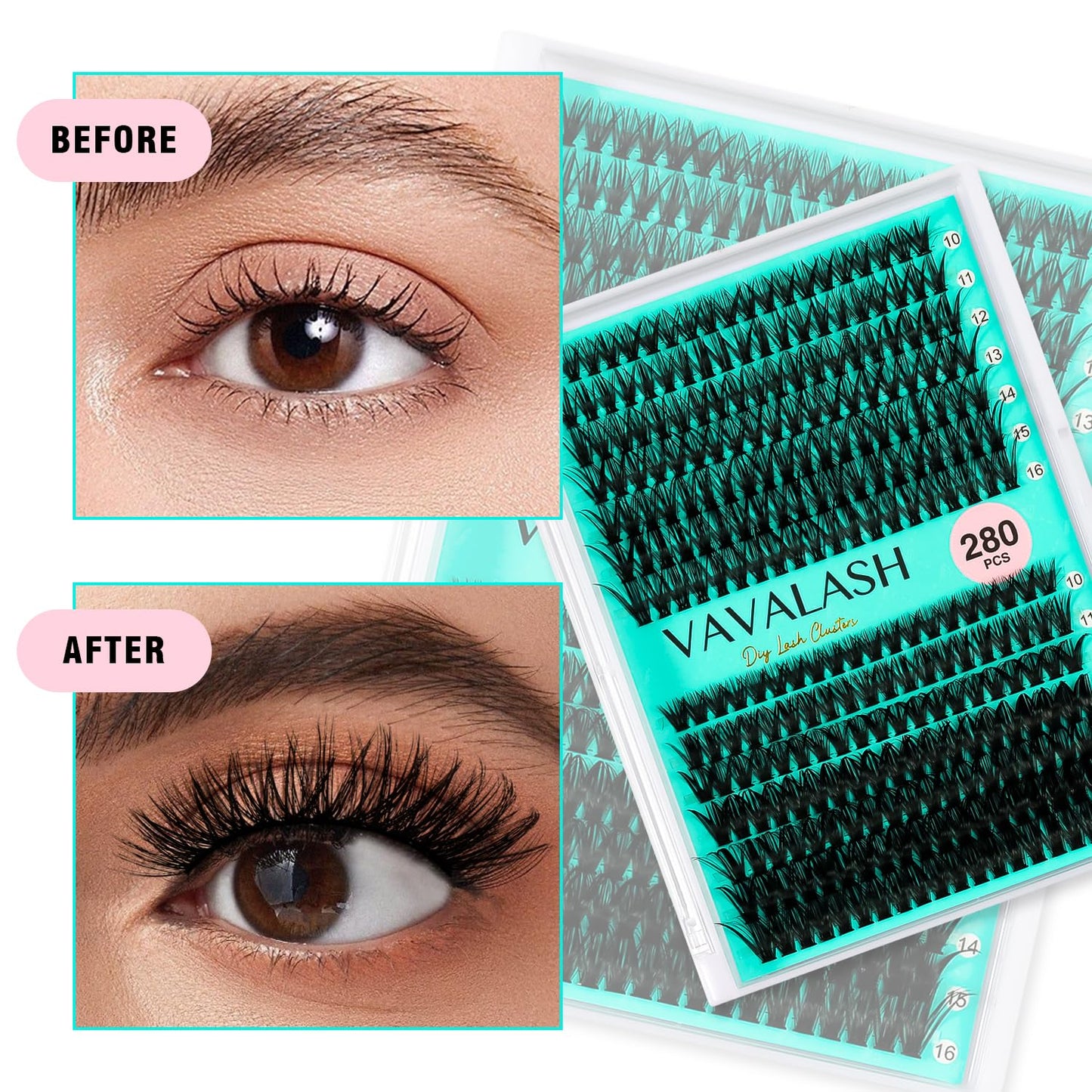 VAVALASH DIY Lash Extension Kit 280 Clusters Individual Lashes Kit 30D 40D 0.07D-10-16mm Lash Clusters, Lash Bond and Seal, Lash Tweezer for DIY Eyelash Extension at Home（Kit-30D+40D-0.07D-10-16MIX）