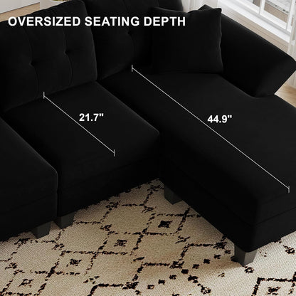 Belffin Convertible Sectional Couch Velvet L Shaped Sofa 4 Seat Sofa with Chaise L-Shaped Couches Reversible Sectional Sofa (Black, L Shaped Couch)