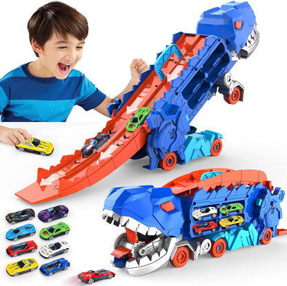 Transport Dinosaur Truck with City Ultimate Hauler Race Track, Transforms into Stomping Standing Trex Dinosaurs Toddler Toys Unique Gifts for Kid age 2 3 4 5 6 7 8 Year Olds ( 8 Die-Cast Race Cars)