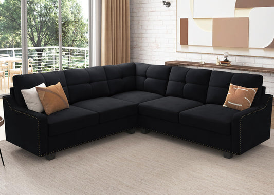 HONBAY Convertible Sectional Sofa L Shaped Couch for Small Apartment Reversible Sectional Couch for Living Room,Velvet Black