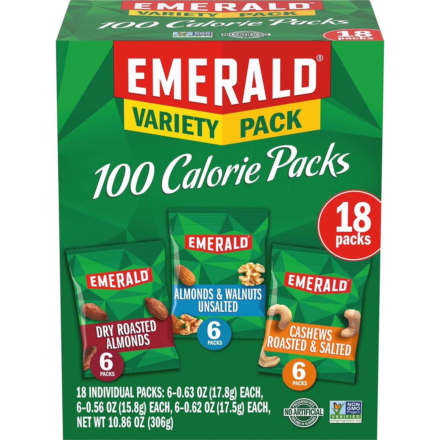 Emerald Nuts Mixed Nuts Variety Pack 18ct (1-Pack) , 100-Calorie Individual Packs , Features Dry Roasted Almonds, Natural Almonds & Walnuts, and Roasted & Salted Cashews