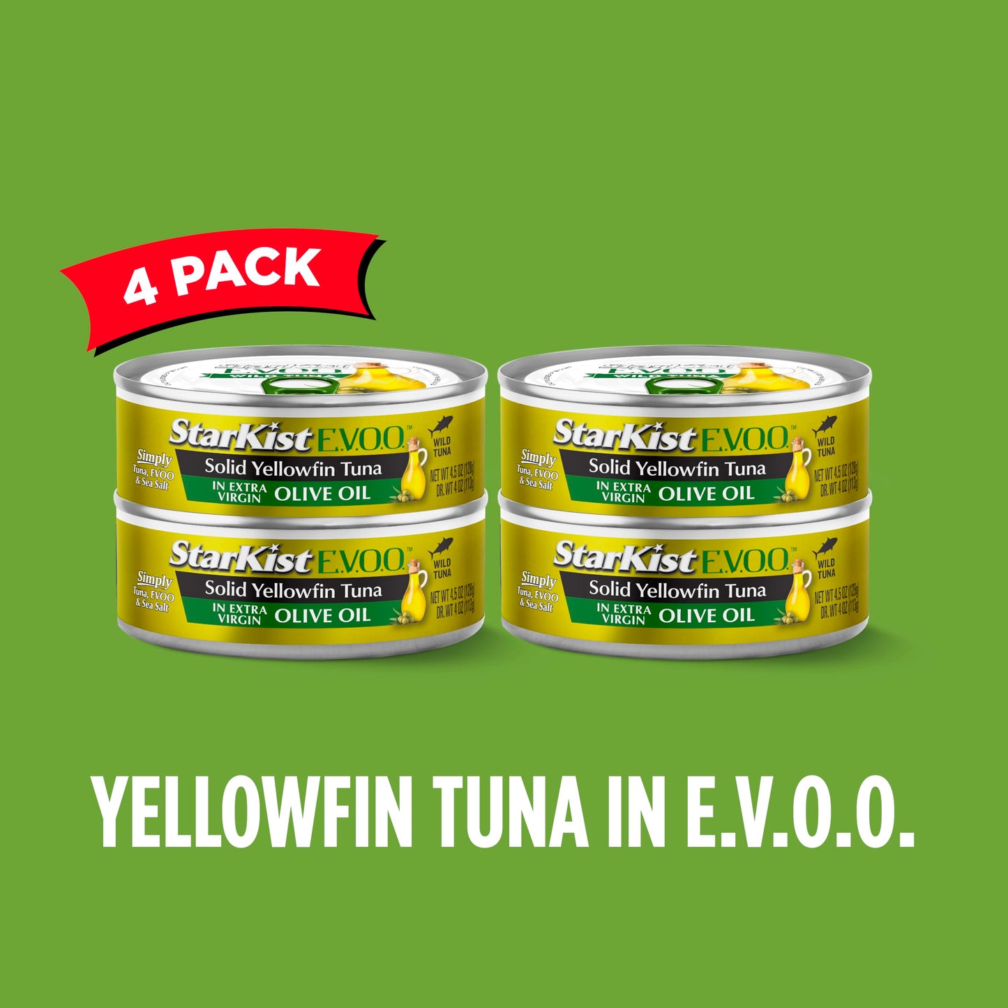 StarKist E.V.O.O. Solid Yellowfin Tuna in Extra Virgin Olive Oil, 4.5 oz (4 Pack) Canned Tuna Fish, Wild Caught, Gluten Free, Ready to Eat, Perfect for Salads, Keto Meals and Snacks