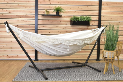 Vivere Double Hammock with Space Saving Steel Stand, Natural (450 lb Capacity - Premium Carry Bag Included)