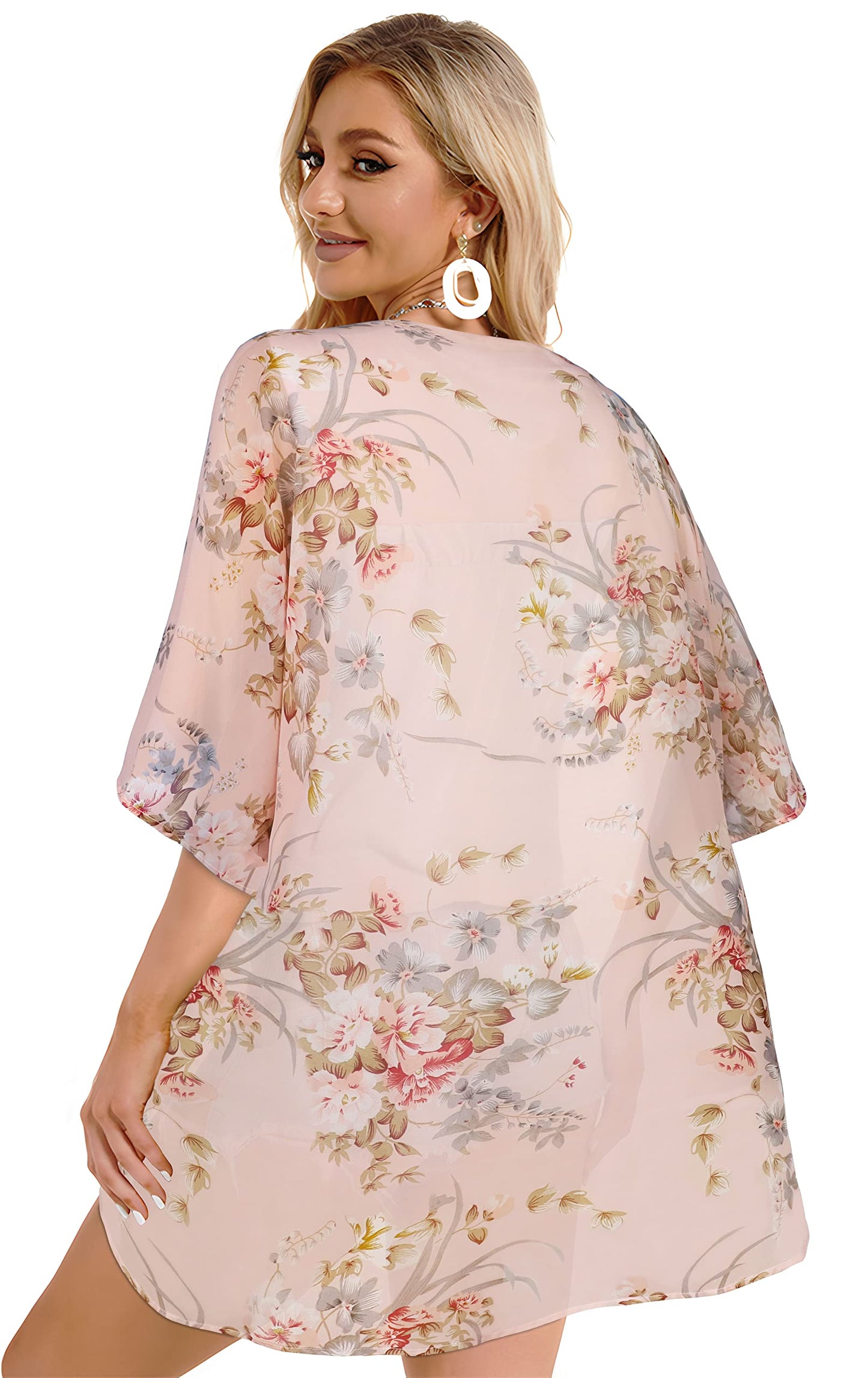 Women's Floral Print Puff Sleeve Kimono Cardigan Loose Cover Up Casual Blouse Tops