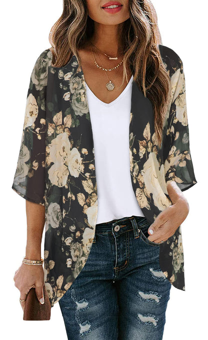 Women's Floral Print Puff Sleeve Kimono Cardigan Loose Cover Up Casual Blouse Tops