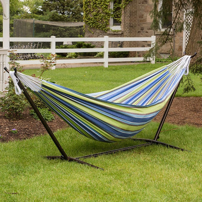 Vivere Double Hammock with Space Saving Steel Stand, Natural (450 lb Capacity - Premium Carry Bag Included)