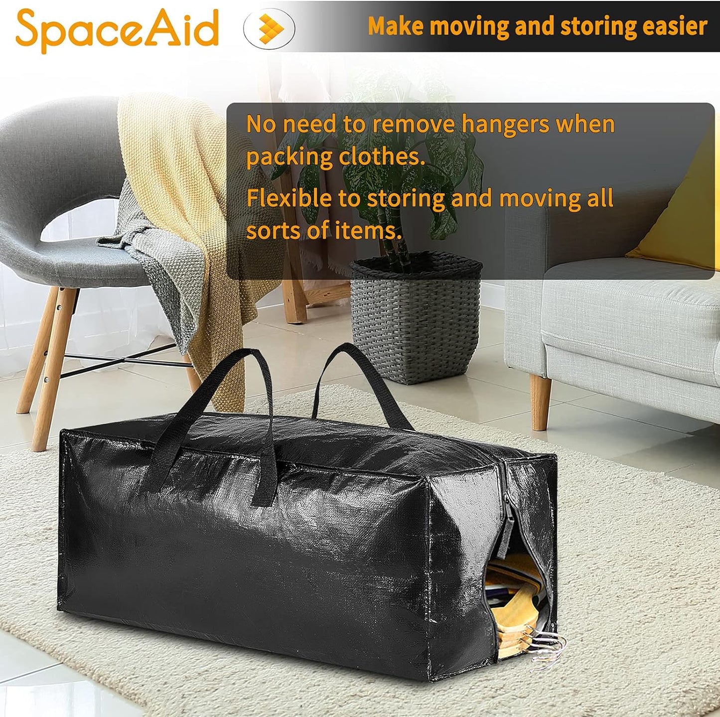 SpaceAid Heavy Duty Moving Bags, Extra Large Storage Totes W/Backpack Straps Strong Handles & Zippers, Alternative to Moving Boxes, Packing & Moving Supplies, Black (8 Pack)