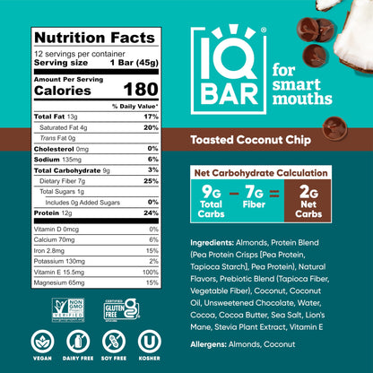 IQBAR Brain and Body Plant Protein Bars - Almond Butter Chip - 12 Count, Low Carb, High Fiber, Gluten Free, Vegan Snacks - Low Sugar Keto Energy Bars