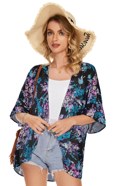 Women's Floral Print Puff Sleeve Kimono Cardigan Loose Cover Up Casual Blouse Tops