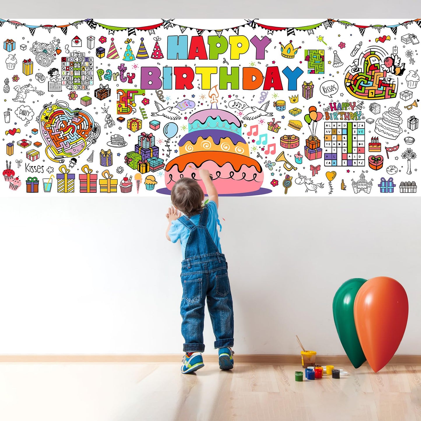 PADTIC Giant Coloring Poster,30x72Inch Happy Birthday Drawing Paper Coloring Tablecloth,DIY Birthday Activity Poster Table Cover,Kids Art Crafts Coloring Mat,Home Classroom Birthday Party Suppiles