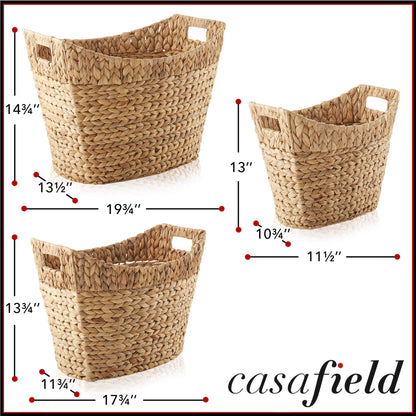 Casafield Set of 3 Multipurpose Boat Baskets with Handles - Natural, Woven Water Hyacinth Storage Organizers for Throw Blankets, Bedroom, Living Room, Laundry