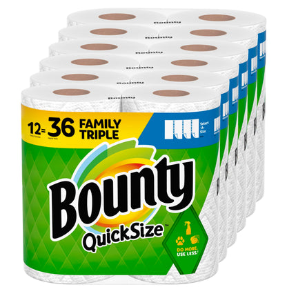 Bounty Quick-Size Paper Towels, White, 12 Family Triple Rolls = 36 Regular Rolls