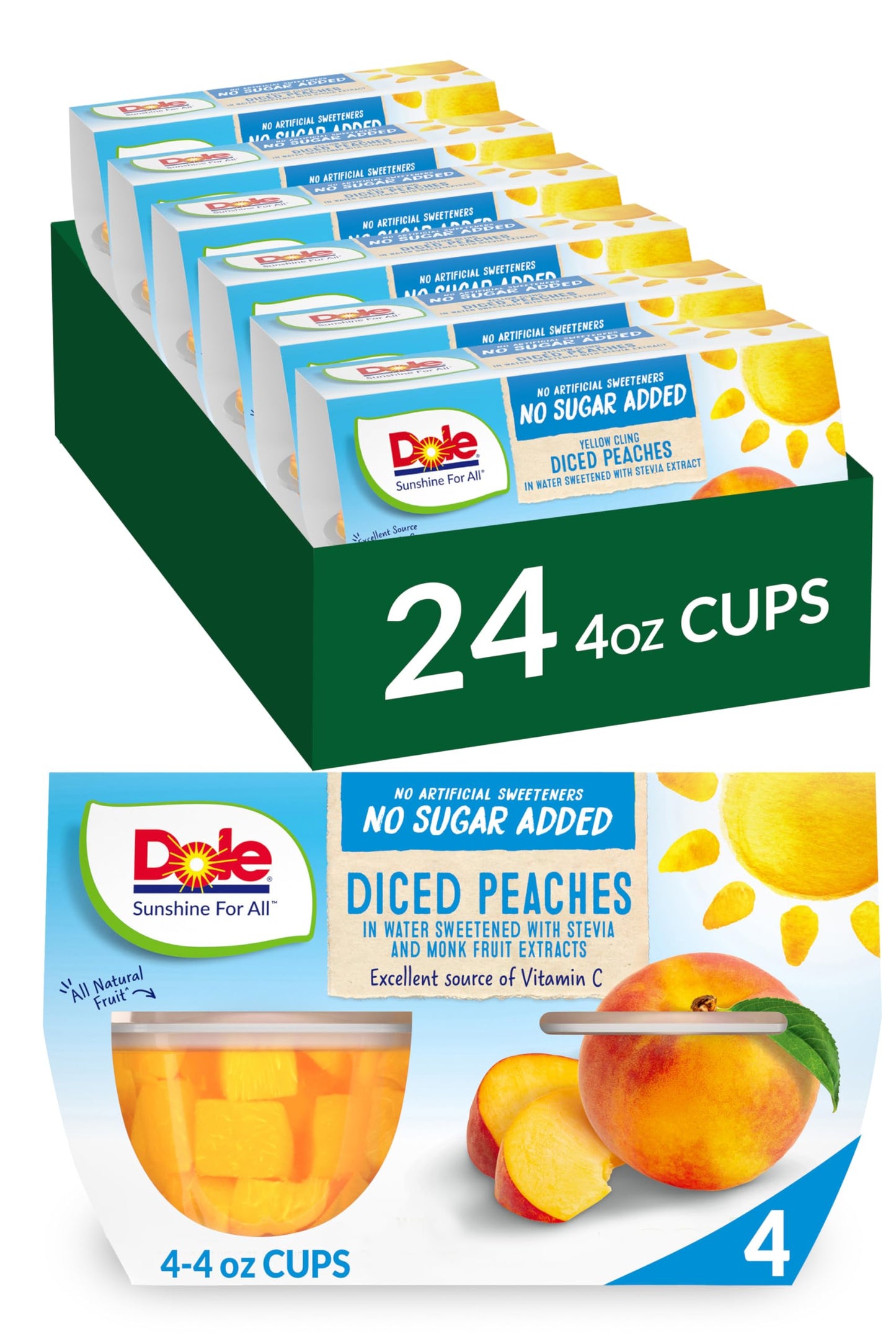 Dole Fruit Bowls Diced Peaches in 100% Juice Snacks, 4oz 12 Total Cups, Gluten & Dairy Free, Bulk Lunch Snacks for Kids & Adults