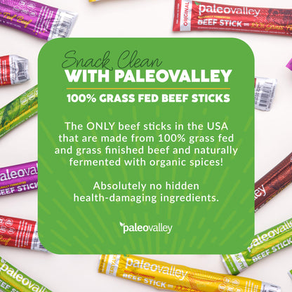 Paleovalley 100% Grass Fed Original Beef Sticks - Delicious Gluten Free Beef Snack - High Protein Keto Friendly