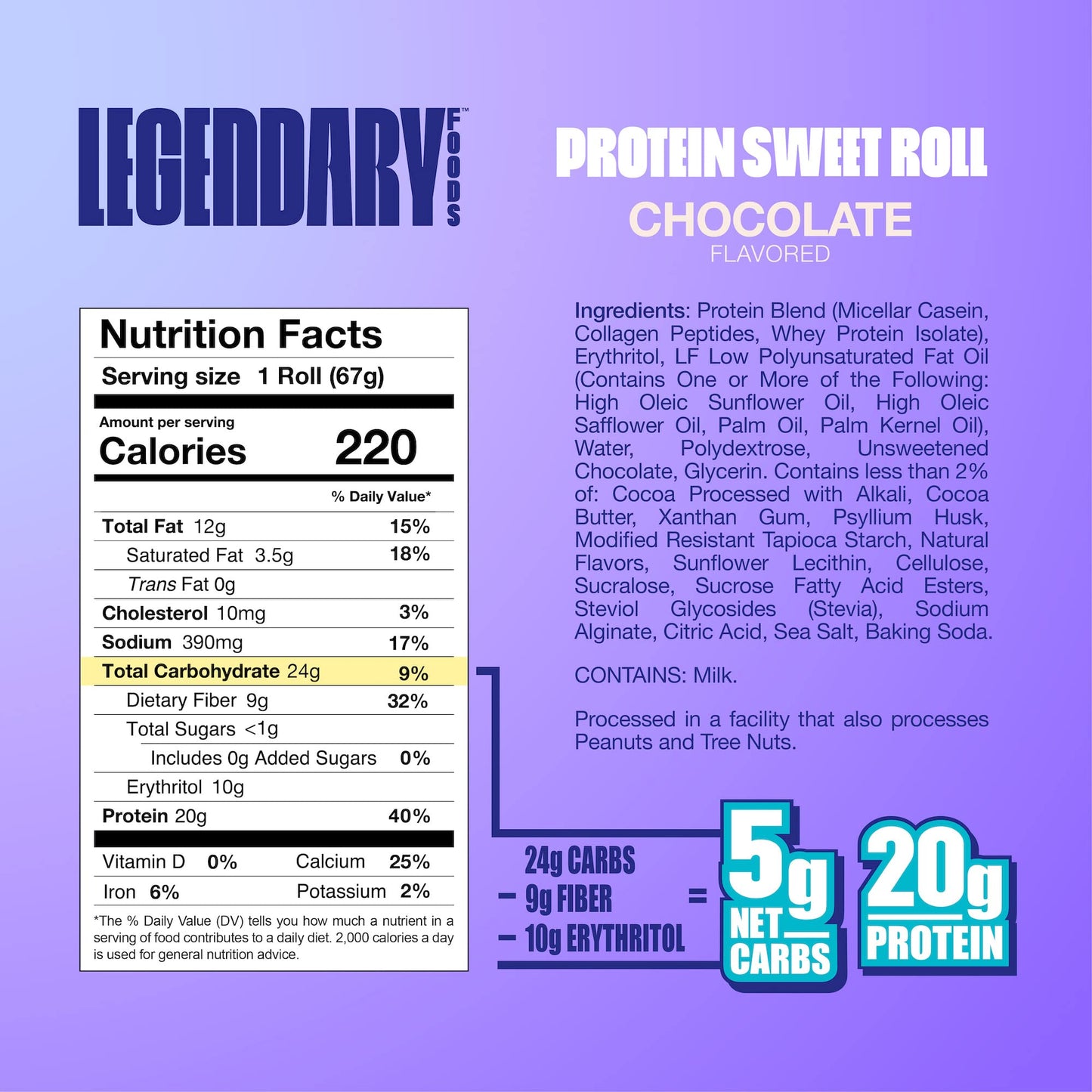 Legendary Foods High Protein Snack - Chocolate Sweet Roll, 20 Gr Protein Bar Alternative, Low Carb Food, Low Sugar - Gluten Free Keto Breakfast Snacks, Healthy Chocolate Flavored Rolls (10-pack)