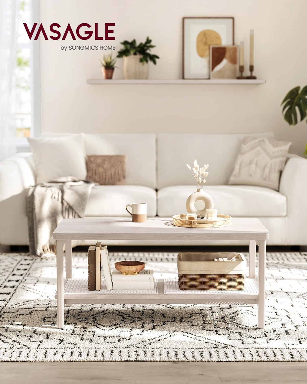 VASAGLE 2-Tier Coffee Table for Living Room, Living Room Table Rectangular Center Table, with PVC Rattan Storage Shelf, Rounded Corners, Easy Assembly, Boho Style, Oatmeal Beige ULCT240K66