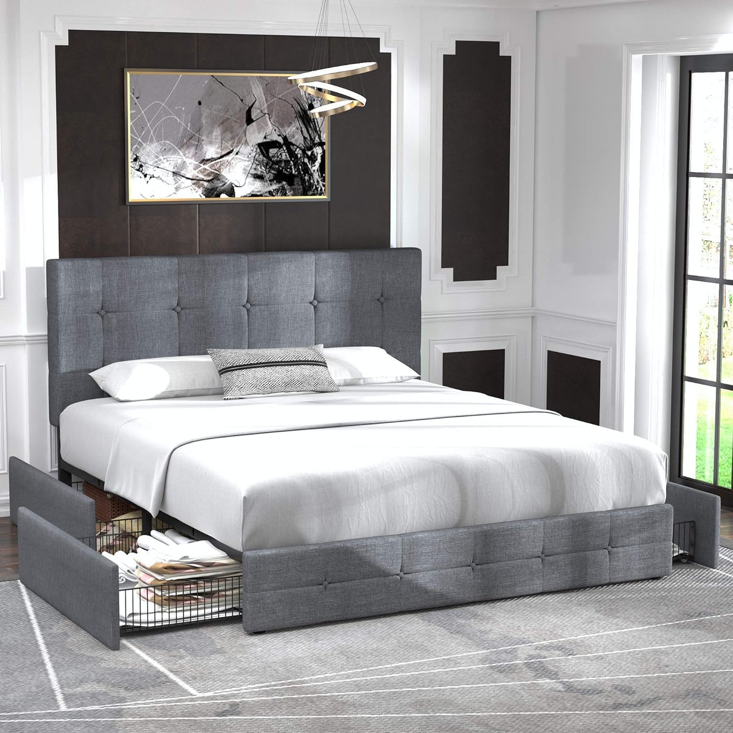 Allewie Upholstered Queen Size Platform Bed Frame with 4 Storage Drawers and Headboard, Square Stitched Button Tufted, Mattress Foundation with Wooden Slats Support, No Box Spring Needed, Light Grey