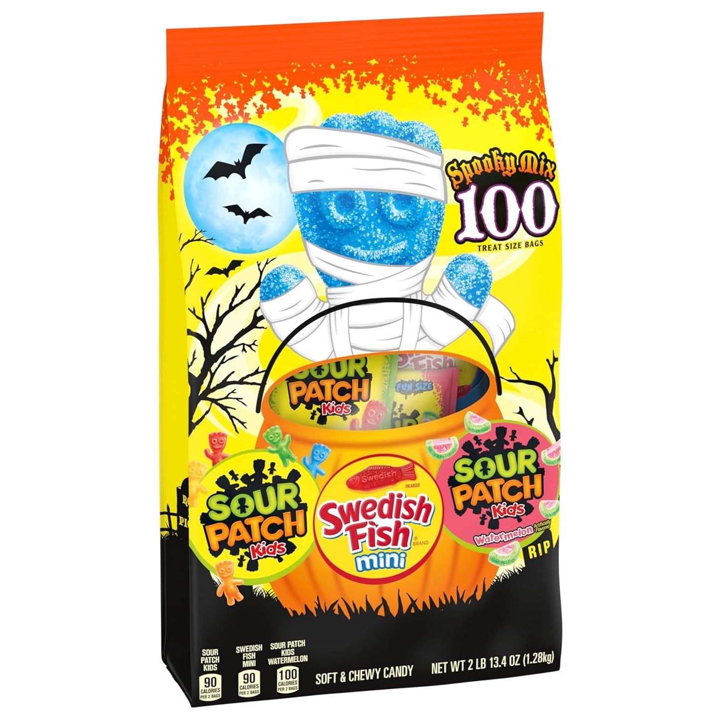 SOUR PATCH KIDS & SWEDISH FISH Mini Halloween Candy Variety Pack, Bulk Candy, 100 Trick or Treat Bags