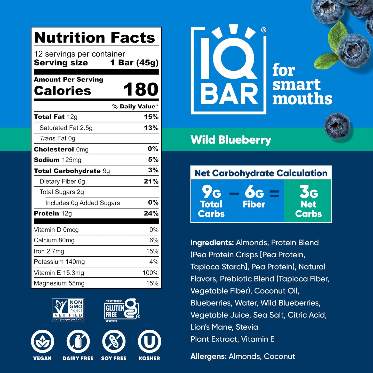 IQBAR Brain and Body Plant Protein Bars - Almond Butter Chip - 12 Count, Low Carb, High Fiber, Gluten Free, Vegan Snacks - Low Sugar Keto Energy Bars