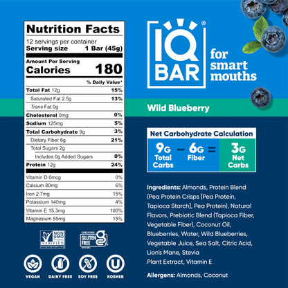 IQBAR Brain and Body Plant Protein Bars - Almond Butter Chip - 12 Count, Low Carb, High Fiber, Gluten Free, Vegan Snacks - Low Sugar Keto Energy Bars