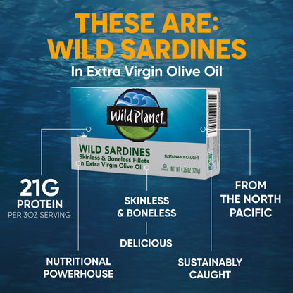 Wild Planet Wild Sardines in Extra Virgin Olive Oil, Lightly Smoked, Tinned Fish, Sustainably Wild-Caught, Non-GMO, Kosher, Gluten Free, 4.4. Ounce (Pack of 12)