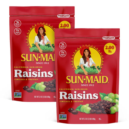 Sun-Maid California Sun-Dried Raisins - (2 Pack) 32 oz Resealable Bag - Dried Fruit Snack for Lunches, Snacks, and Natural Sweeteners