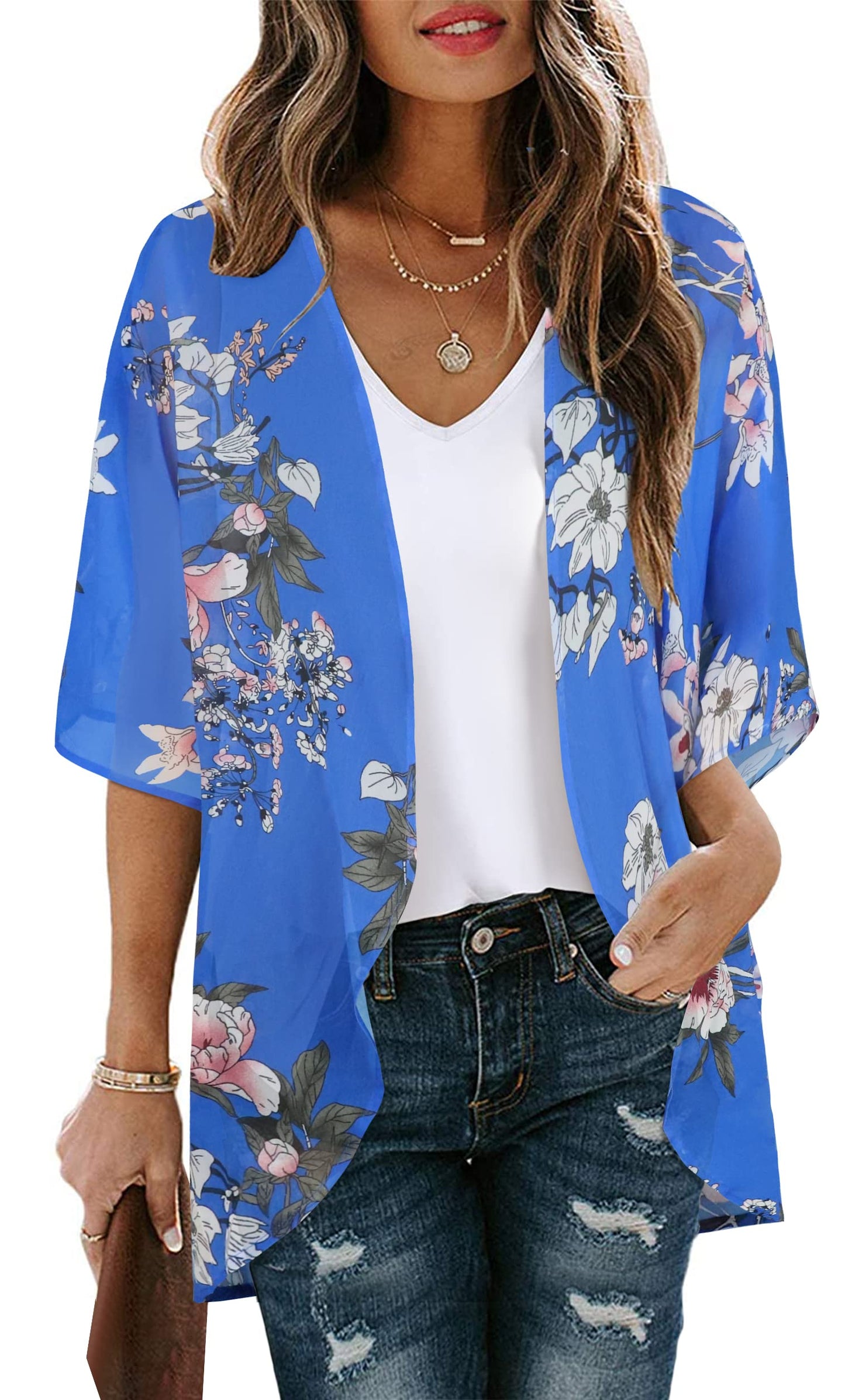 Women's Floral Print Puff Sleeve Kimono Cardigan Loose Cover Up Casual Blouse Tops