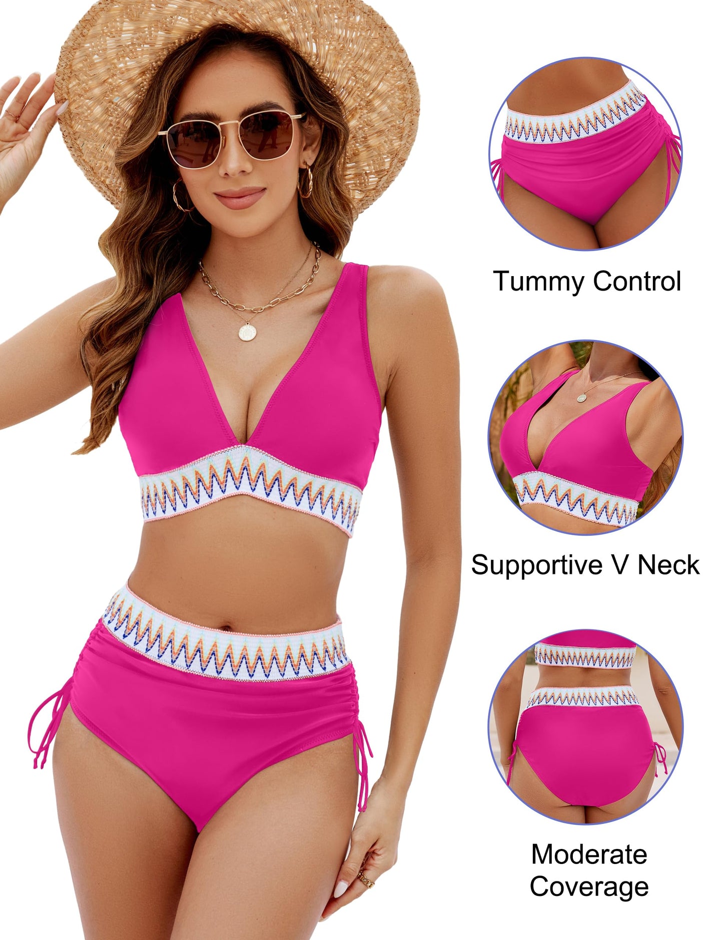 Blooming Jelly Women High Waisted Bikini Sets Tummy Control Swimsuits Color Block Two Piece Drawstring Bathing Suit