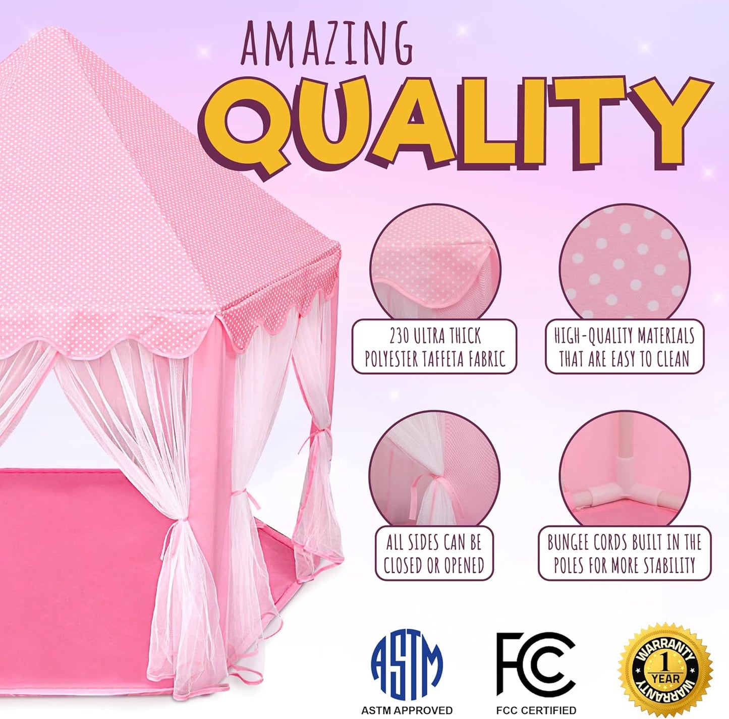 ORIAN Princess Castle Playhouse Tent for Girls with LED Star Lights – Indoor & Outdoor Large Kids Play Tent for Imaginative Games – ASTM Certified, 230 Polyester Taffeta. Pink 55"x53".