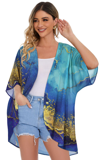 Women's Floral Print Puff Sleeve Kimono Cardigan Loose Cover Up Casual Blouse Tops