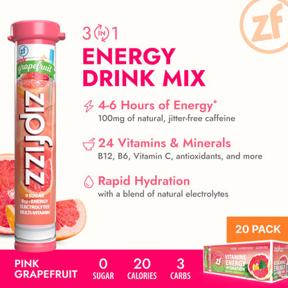 Zipfizz Energy Drink Mix, Electrolyte Hydration Powder with B12 and Multi Vitamin, Pink Grapefruit, (20 Count)