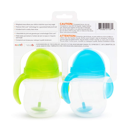 Munchkin® Any Angle™ Weighted Straw Trainer Sippy Cup with Click Lock™ Spill Proof Lid, 7 Ounce, 2 Pack, Blue/Green